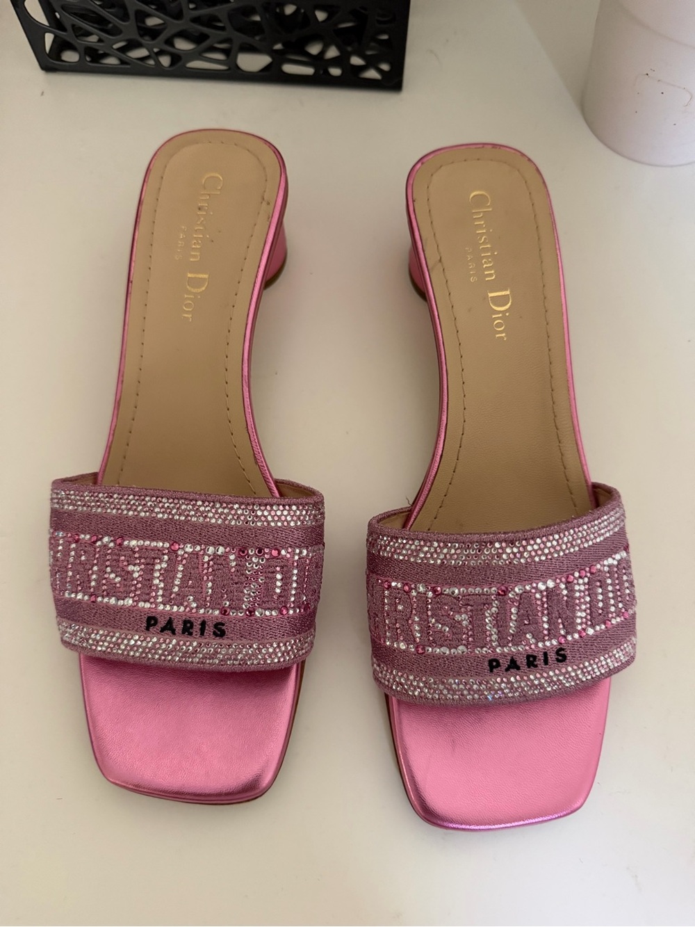 Christian Dior Dway Pink Crystal-Embellished Slide Mules